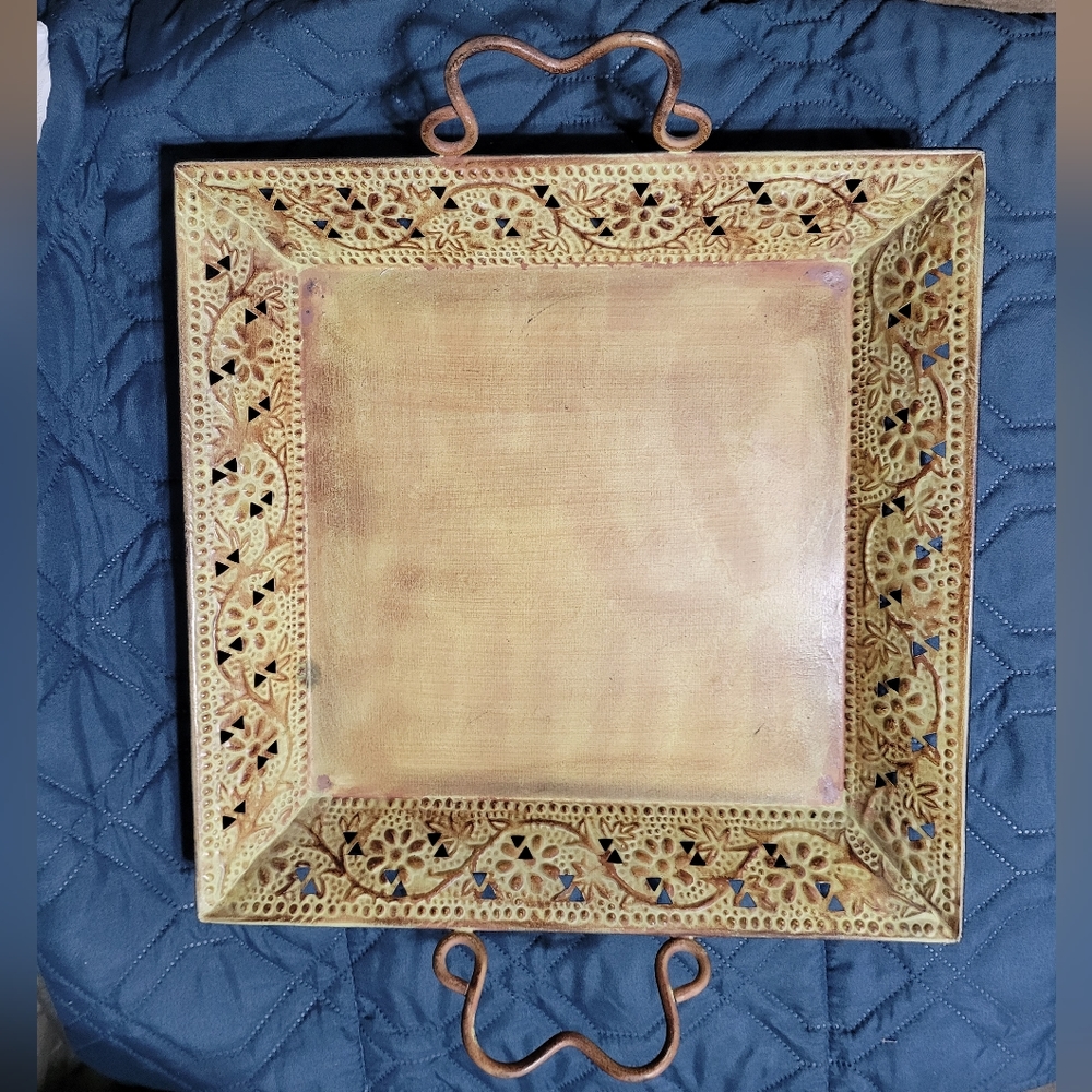 Champagne Gold Embossed Metal Tray with handles and feet, 14" square